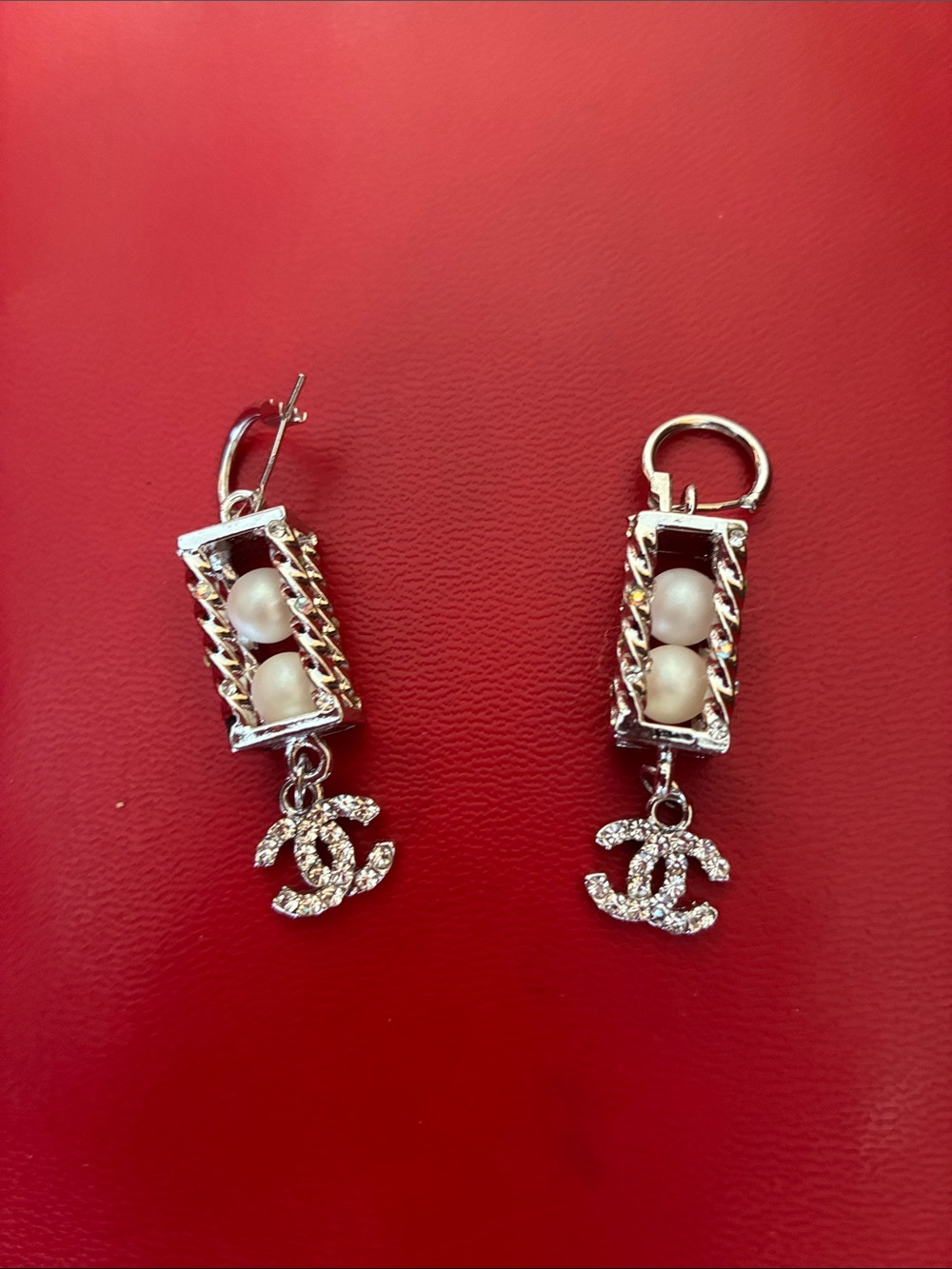 Silver Pearl Drop Earrings with Crystal Logo Charm